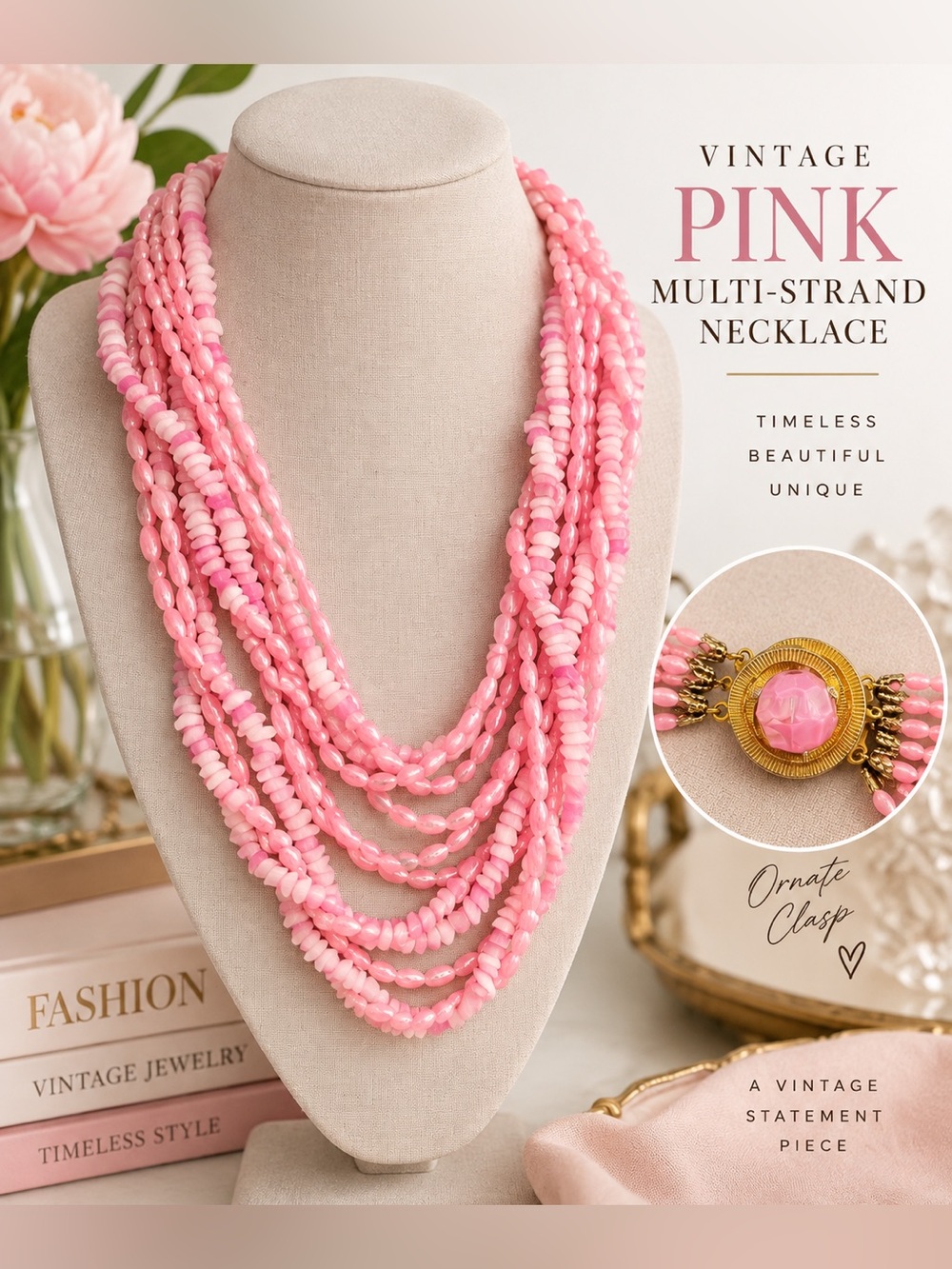 Vintage Pink Multi-Strand Statement Necklace Gold Tone Ornate Clasp 17”